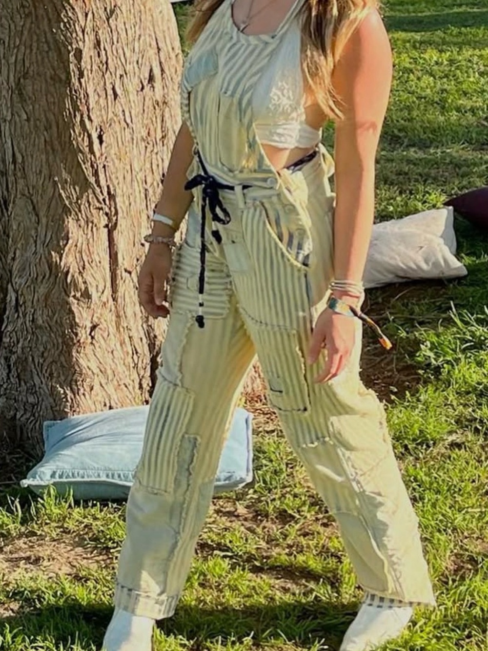 we the free Striped faded overalls Jumpsuit with Drawstring Waist